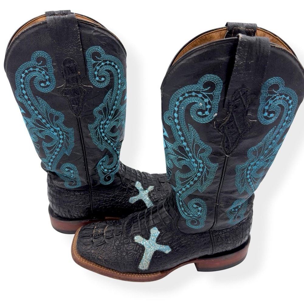 Ferrini Women's 7 B Black Caiman Alligator Square Toe Cowboy Boots Cross Cowhide